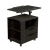 Height Adjustable Overbed End Table Wooden Nightstand with Swivel Top, Drawers, Wheels and Open Shelf, Black